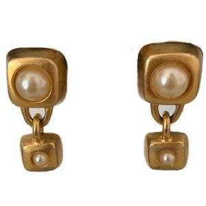 Vintage Brushed gold tone w/faux pearls drop pierced earrings.